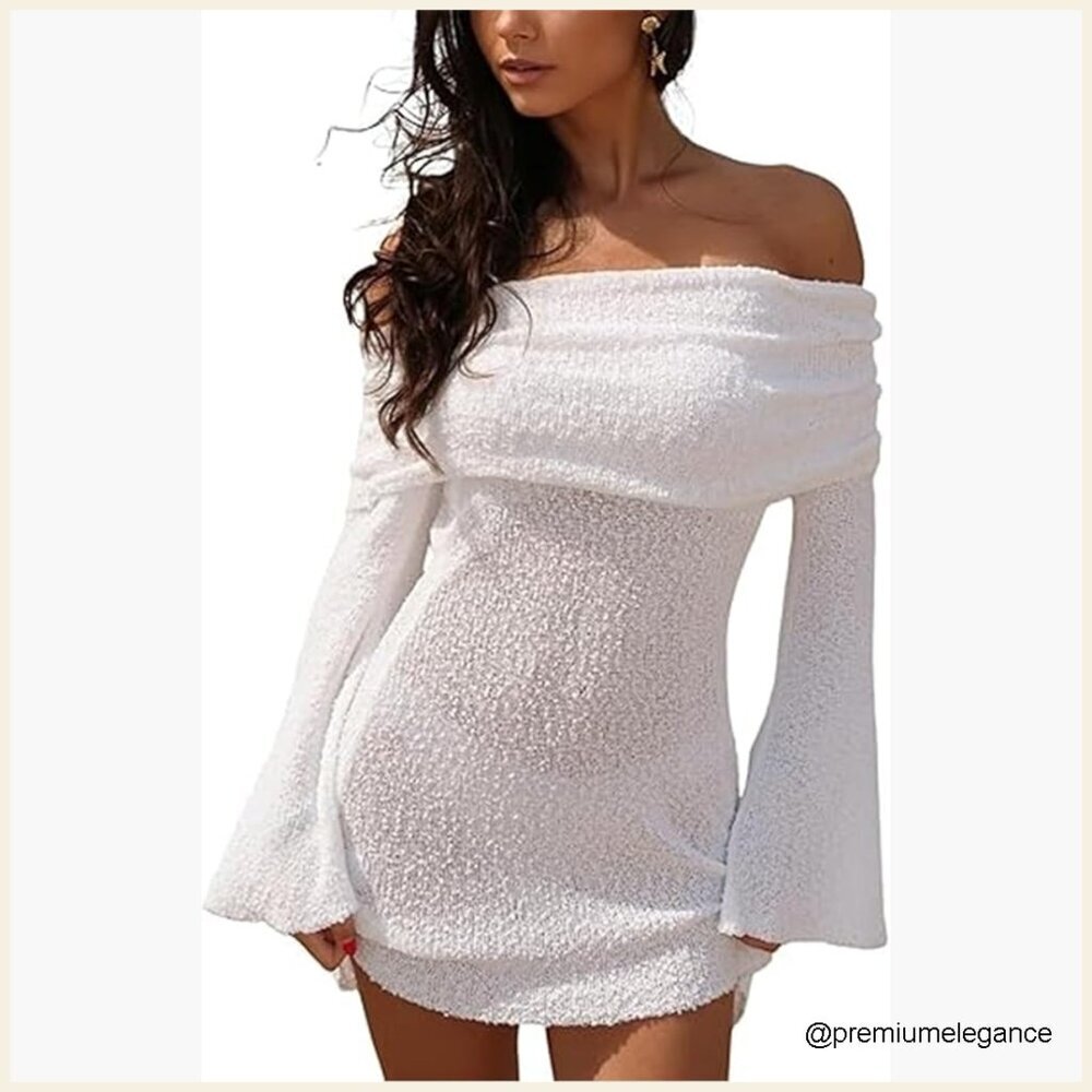 Off Shoulder Bodycon Mini Dress Long Sleeve Knit Crochet Party Club